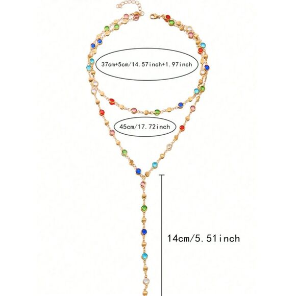 Multi Color Cubic Zirconia Y Necklace Choker Double Layer Silver Chain Set New - Picture 2 of 4